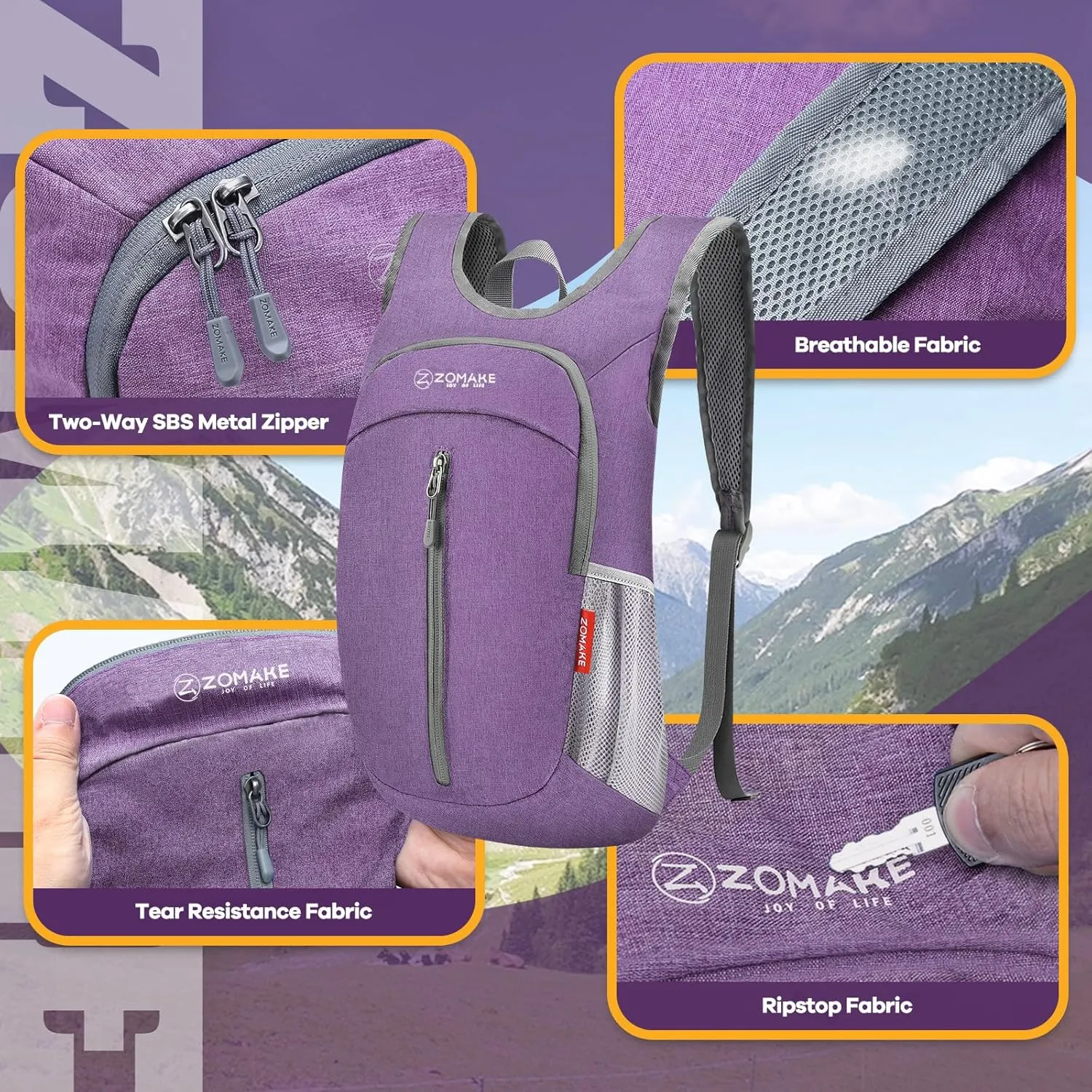 ZOMAKE 10L Ultra Lightweight Packable Backpack, Small Daypack Light Foldable Backpacks Water Resistant Day Bag for Hiking(Light Purple)