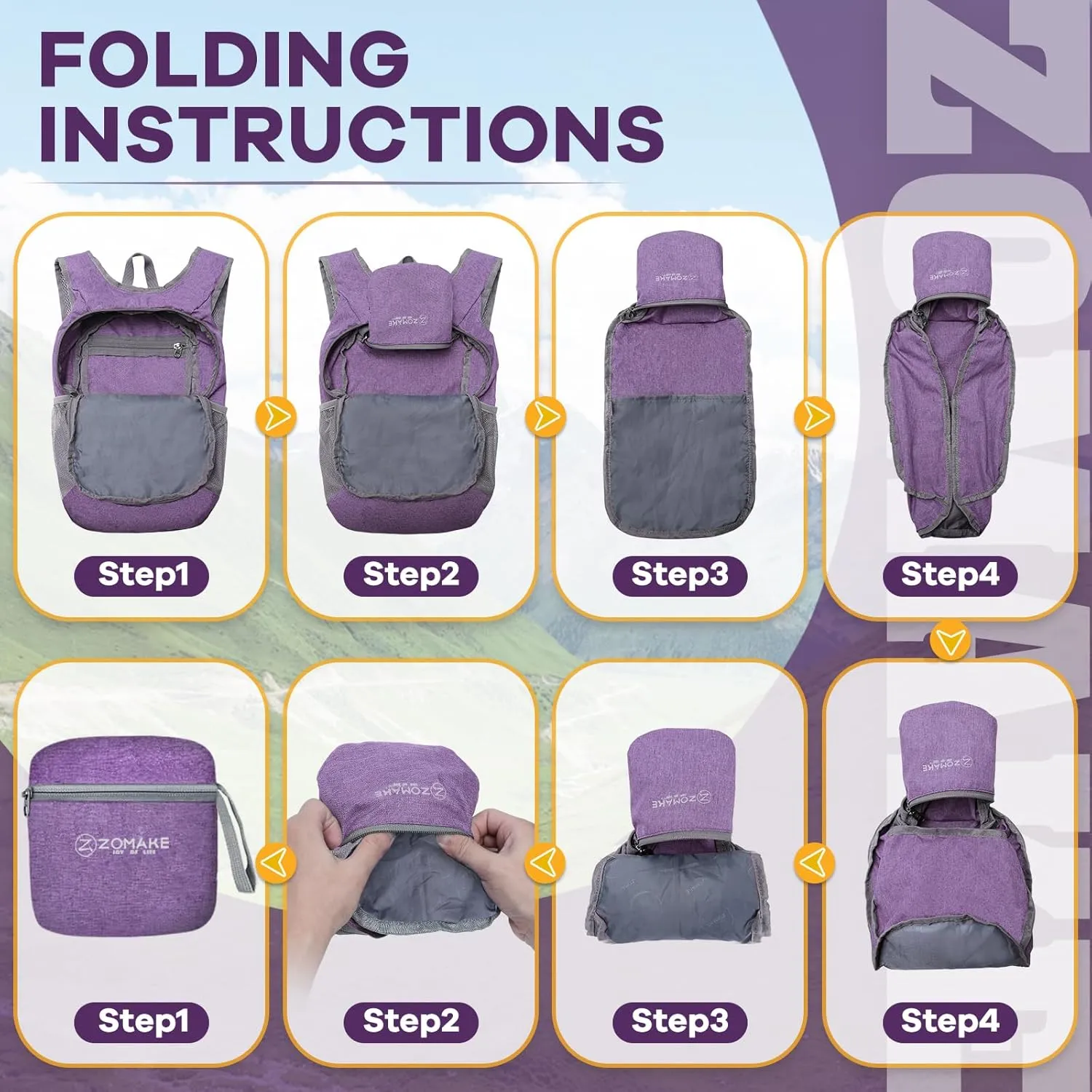 ZOMAKE 10L Ultra Lightweight Packable Backpack, Small Daypack Light Foldable Backpacks Water Resistant Day Bag for Hiking(Light Purple)