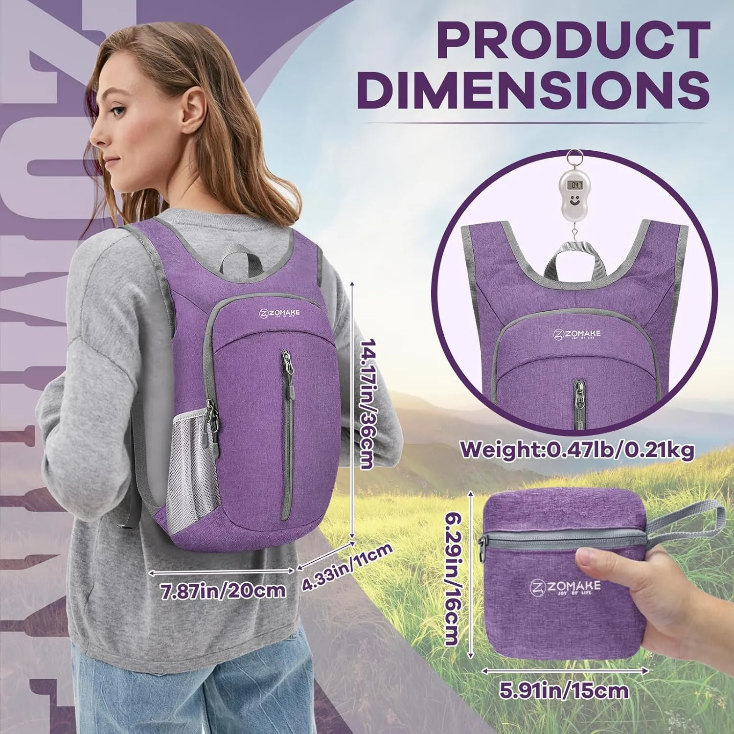 ZOMAKE 10L Ultra Lightweight Packable Backpack, Small Daypack Light Foldable Backpacks Water Resistant Day Bag for Hiking(Light Purple)
