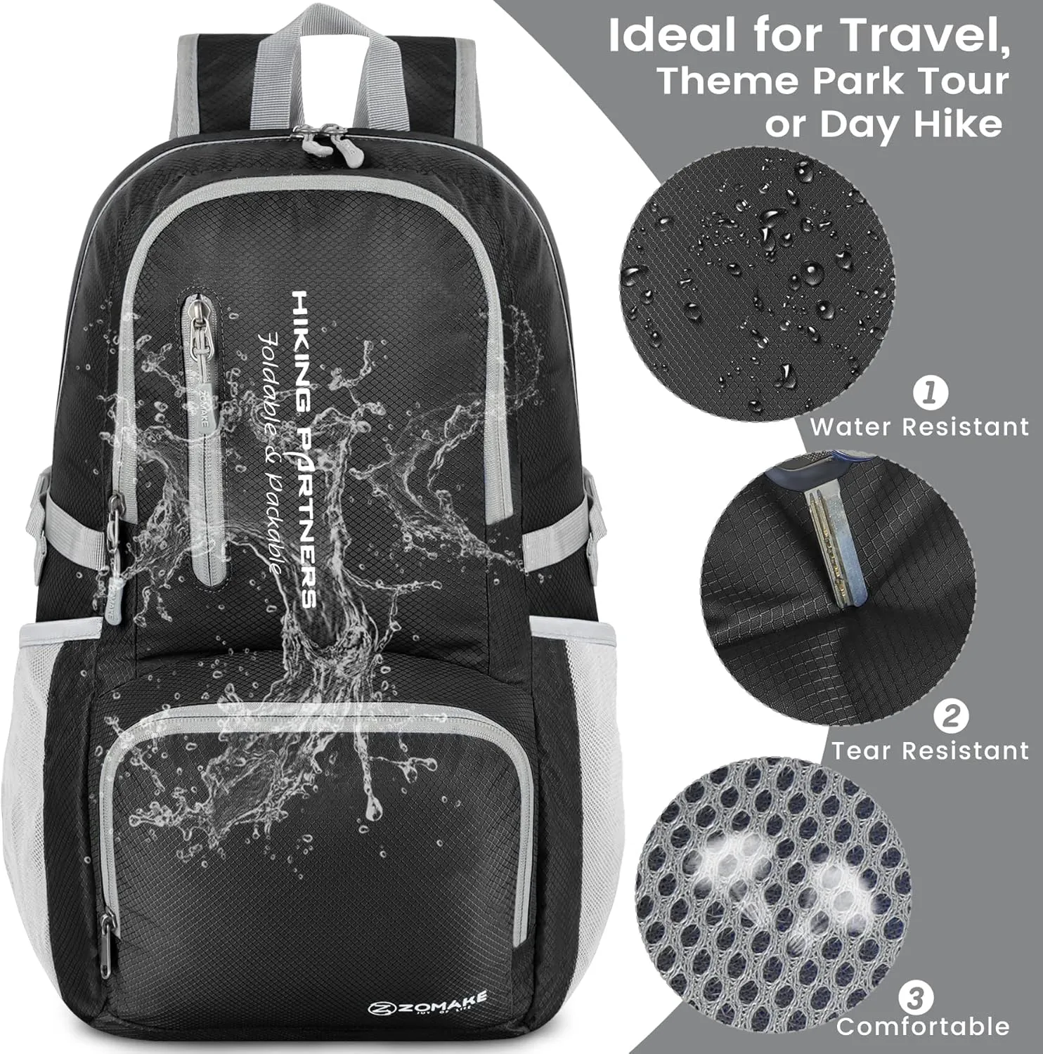 ZOMAKE Lightweight Packable Backpack, 35L Light Foldable Hiking Backpacks Water Resistant Collapsible Daypack for Travel(Black)