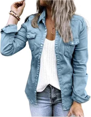 ZWRXW Womens Denim Shirt Slim-fit Collared Button Down Casual Fashion Long Sleeve Jean Jacket Tops with Pockets